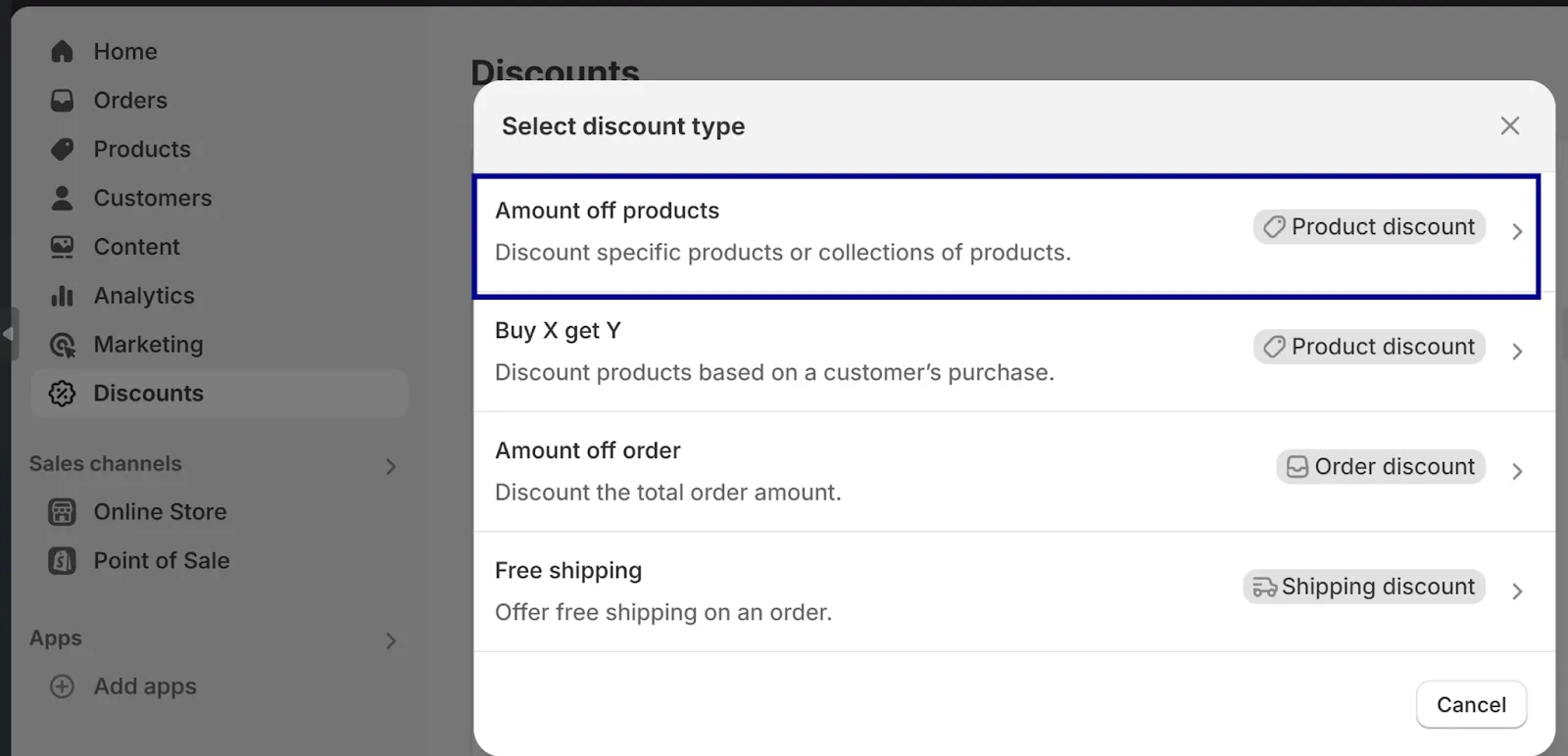 Step 3: Choose Amount Off Products (or Amount Off Orders)